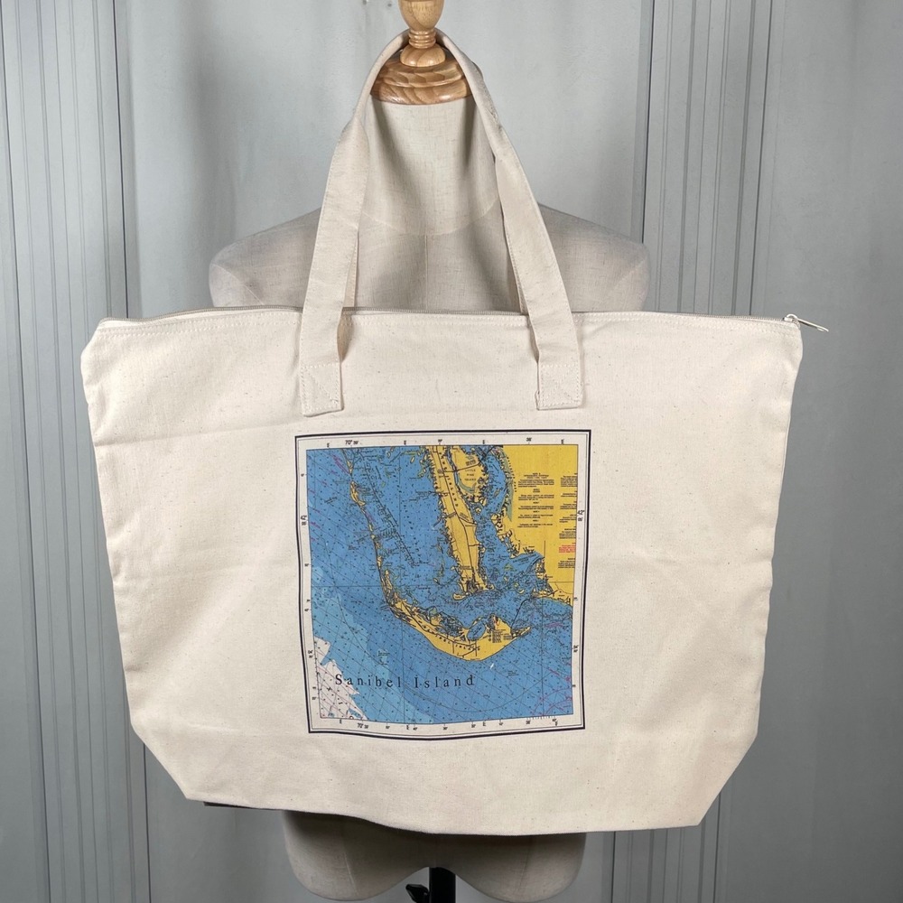 Sanibel Island Nautical Map Canvas Tote Bag Zip Top‎ Beach Travel Carryall